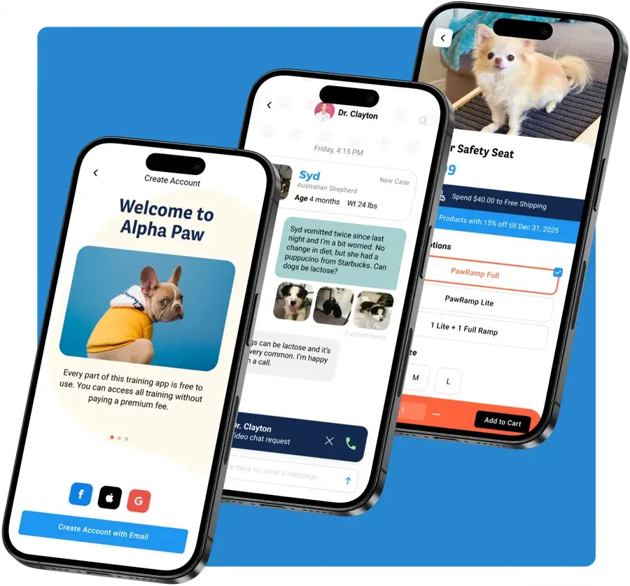 Three phone screens from the Alpha Paw app showing account creation, a vet chat and a product page