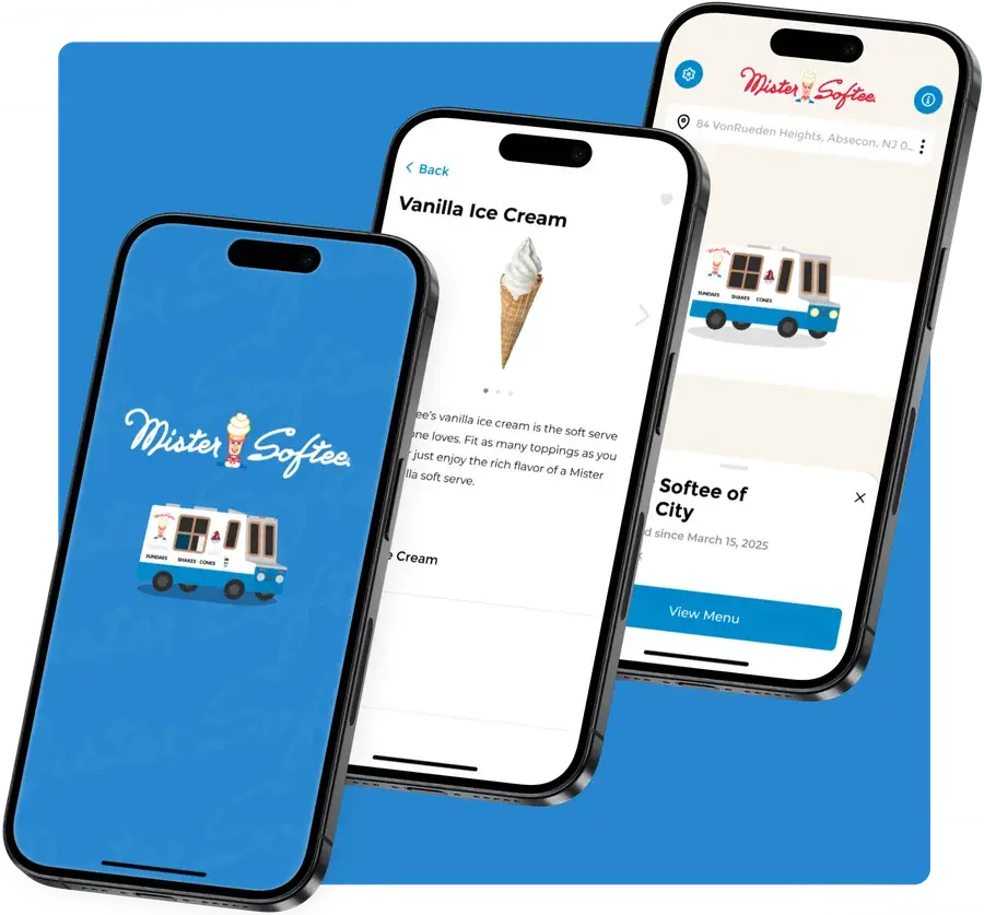 Three phone screens from the Mister Softee app showing the splash screen, a product detail page and truck locations