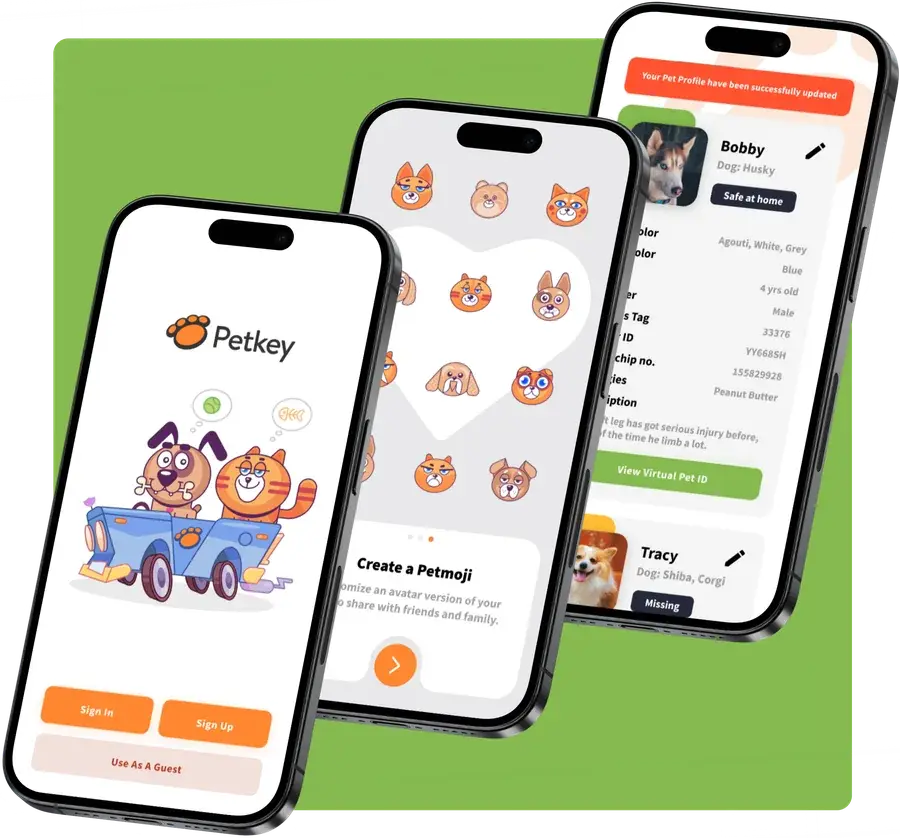 Three phone screens from the PetKey app showing sign-in, a pet avatar builder and a pet profile